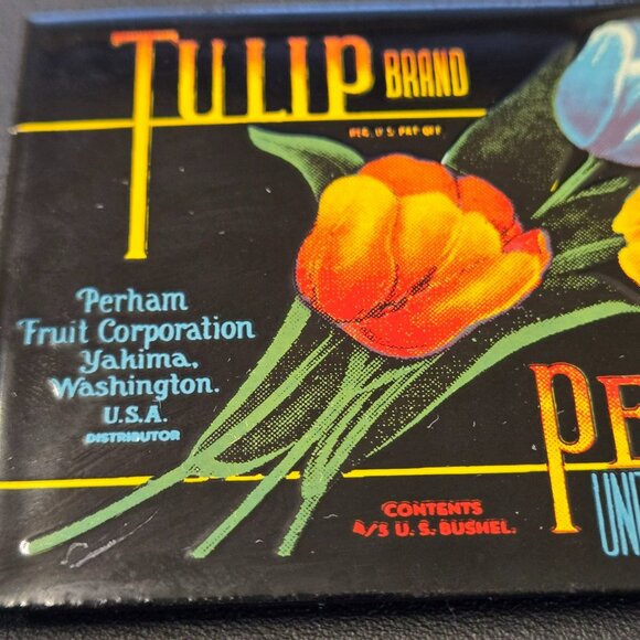 Tulip Brand Pears Perham Fruit Yakima Washington Enamel Metal Magnet 3" x 2.5" - Picture 3 of 7